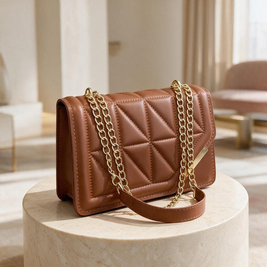 Brown Quilted Shoulder Bag, Geometric Flap Purse, Cognac Chain Handbag, Crossbody Bag, Elegant Quilted Purse