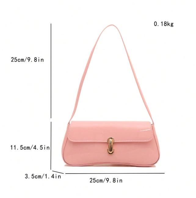 Pink Baguette Shoulder Bag, Glossy Pink Purse, Y2K Mini Handbag, Gold Buckle Shoulder Purse, Cute Pink Underarm Bag