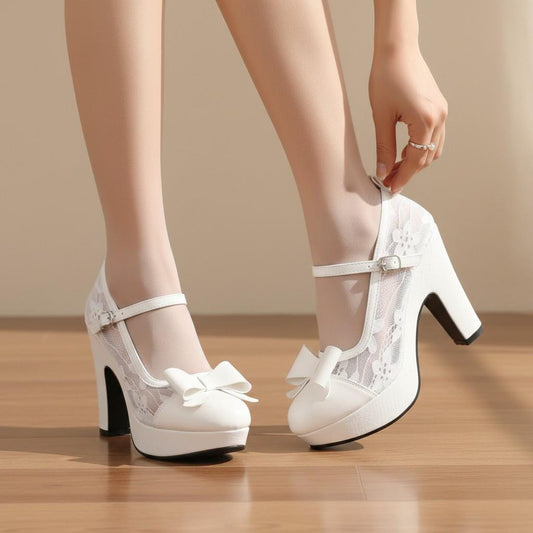 White Lace Mary Jane Heels for Women, Bow Platform Pumps, Floral Wedding Bridal Shoes