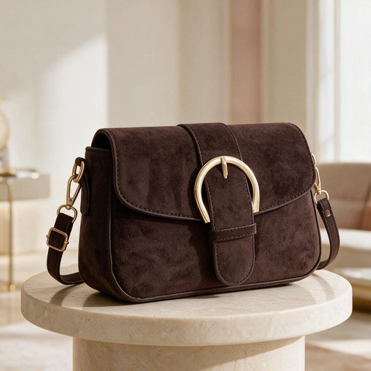 Brown Crossbody Bag, Chocolate Shoulder Purse, Gold Buckle Handbag, Minimalist Small Bag, Everyday Women's Purse