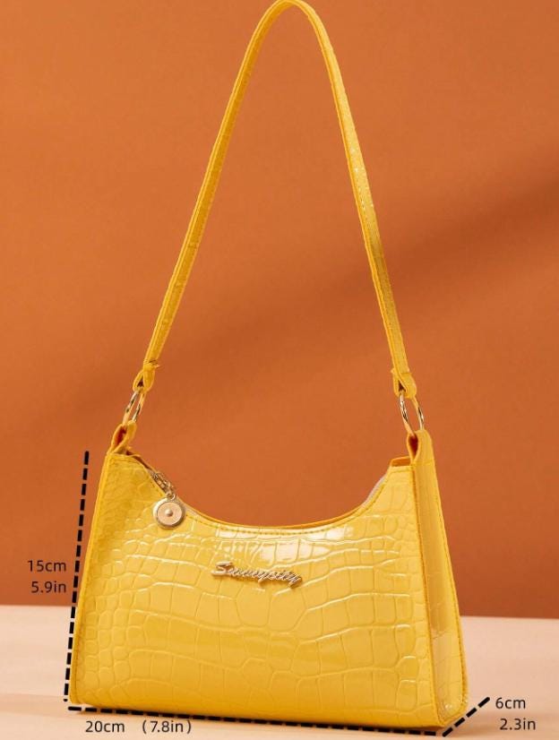 Yellow Croc Embossed Shoulder Bag, Y2K Baguette Purse, Glossy Yellow Handbag, Mini Underarm Bag, Crocodile Effect Purse