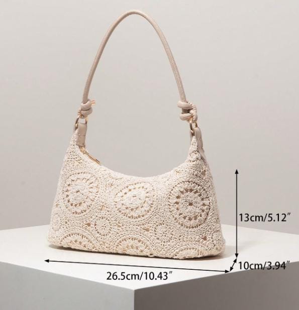 Crochet Shoulder Bag, Cream Lace Purse, Boho Crochet Handbag, Vintage Floral Bag, Romantic Summer Purse