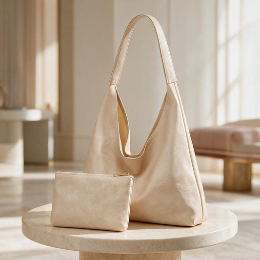 Cream Hobo Bag Set, Beige Shoulder Bag with Matching Pouch, Minimalist Women's Handbag, Neutral Everyday Purse, Soft Slouchy Tote
