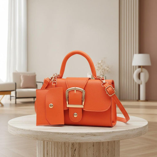 Orange Handbag for Women, Structured Shoulder Bag, Top Handle Crossbody Purse, Buckle Detail Everyday Bag
