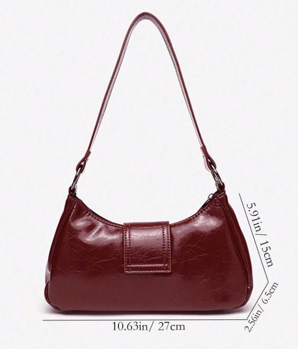 Burgundy Buckle Shoulder Bag, Y2K Baguette Purse, Glossy Handbag, Retro Small Bag