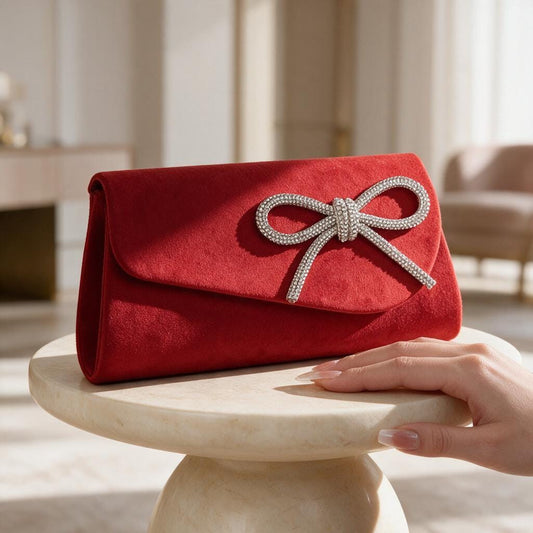 Red Bow Clutch, Rhinestone Evening Purse, Elegant Red Handbag, Wedding Guest Clutch, Formal Party Bag, Bridal Purse