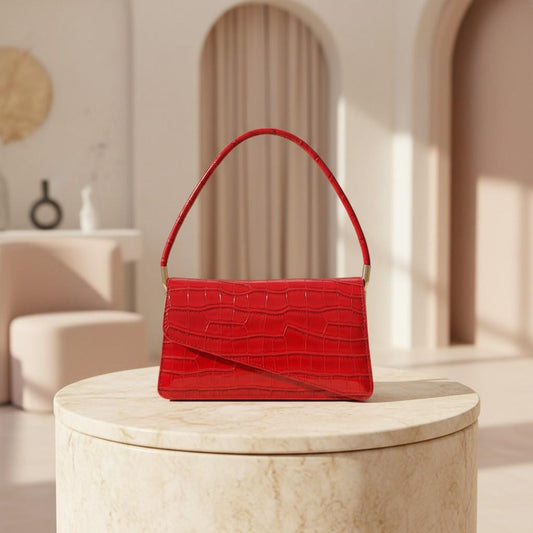 Red Croc Print Top Handle Bag, Structured Handbag for Women, Small Red Purse, Statement Evening Bag