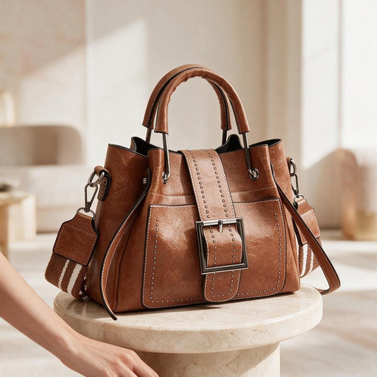 Brown Bucket Bag, Women's Structured Handbag, Top Handle Purse, Cognac Shoulder Bag, Buckle Crossbody Bag