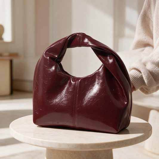Burgundy Hobo Bag, Glossy Wine Red Shoulder Bag, Slouchy Handbag, Minimalist Purse, Ruched Handle Bag, Y2K Inspired Bag