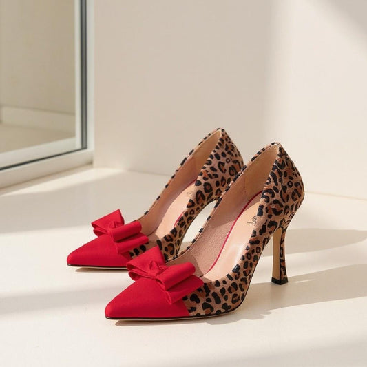 Leopard Print Red Bow Heels, Pointed Toe Pumps, Stiletto Shoes