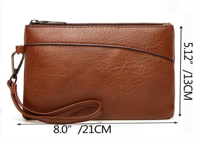 Brown Wristlet Clutch Bag, Leather Look Pouch Purse, Casual Brown Handbag, Zip Wristlet, Minimalist Everyday Clutch