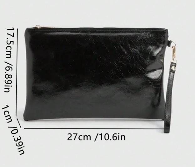 Black Oversized Clutch Bag, Glossy Evening Purse, Large Black Pouch Bag, Minimalist Handbag, Zip Top Night Out Clutch