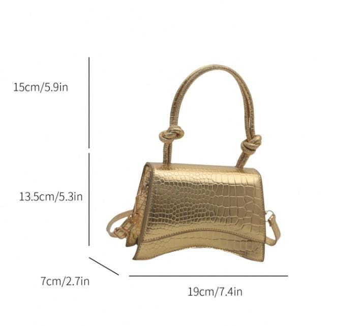 Gold Croc Embossed Top Handle Bag, Metallic Shoulder Purse, Structured Flap Handbag, Gold Crossbody Bag, Statement Purse