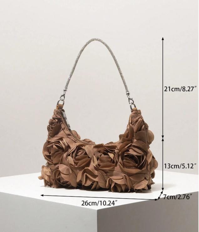 Floral Shoulder Bag, Rose Flower Purse, Brown Baguette Bag, Romantic Handbag, 3D Flower Statement Bag