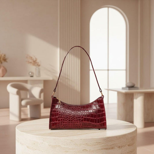 Burgundy Croc Shoulder Bag, Baguette Purse for Women, Small Glossy Handbag, Trendy Evening Bag