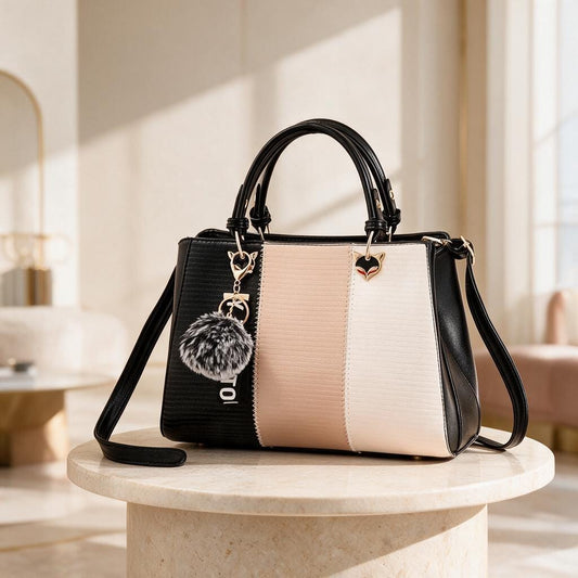 Color Block Handbag, Black Beige Satchel Bag, Structured Shoulder Purse, Top Handle Crossbody Bag, Women's Everyday Tote