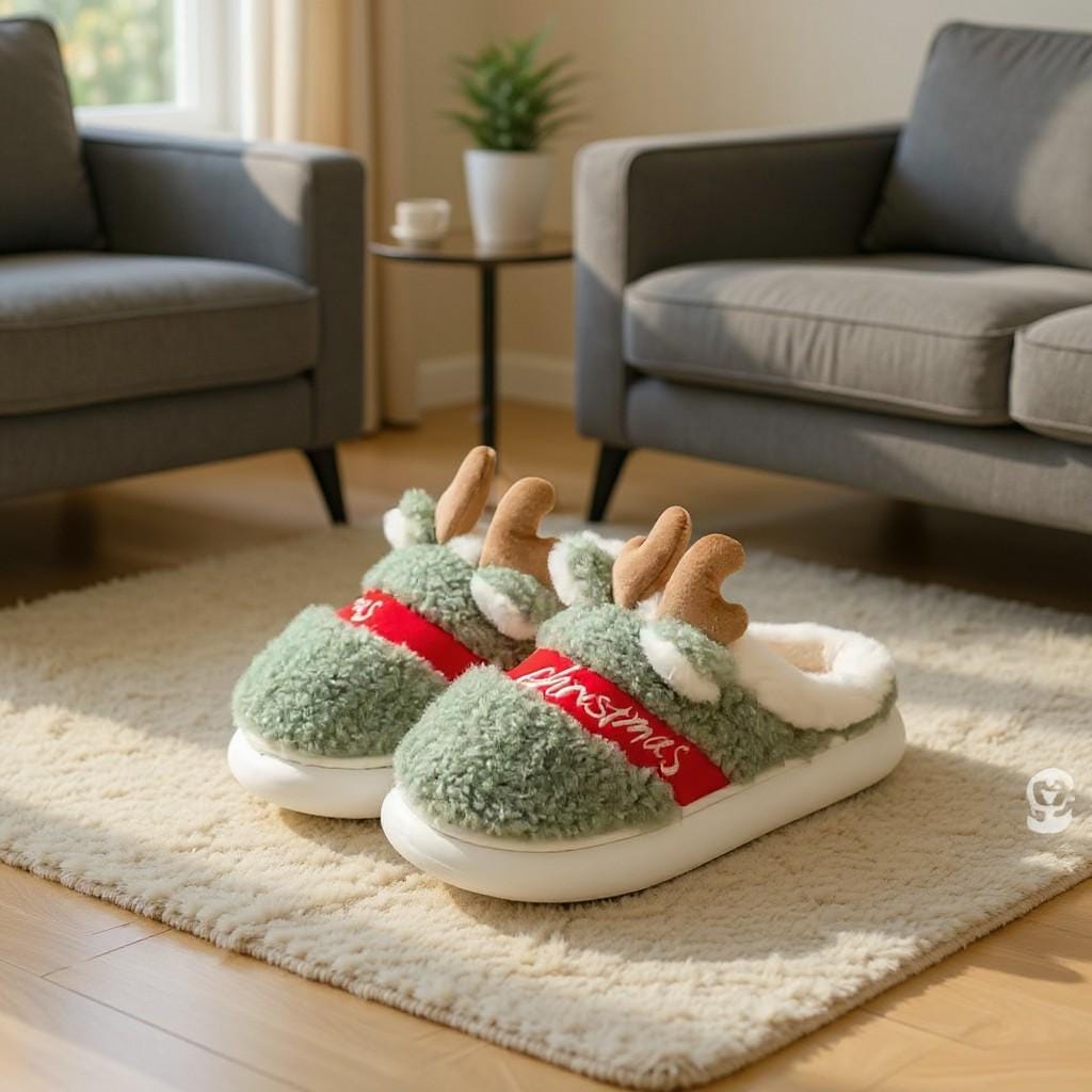 Reindeer Christmas Slippers, Green Fuzzy Plush House Shoes, Cozy Holiday Slippers