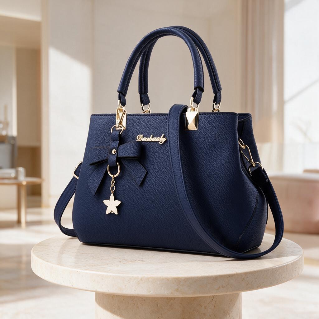 Navy Blue Bow Handbag, Structured Top Handle Purse, Elegant Shoulder Bag, Matching Wallet Set, Womens Blue Handbag
