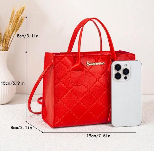 Red Quilted Tote Bag, Diamond Stitch Handbag, Structured Shoulder Bag, Red Purse, Everyday Carryall, Elegant Women’s Handbag