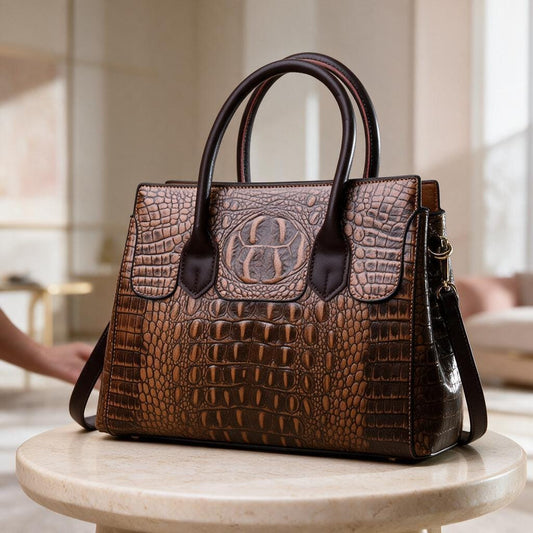 Brown Crocodile Effect Handbag, Structured Satchel Purse, Women's Top Handle Bag, Embossed Shoulder Bag