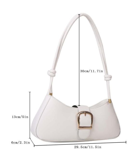 White Shoulder Bag, Baguette Purse, Buckle Detail Handbag, Minimalist Underarm Bag, Elegant Everyday Purse, Women's White Bag