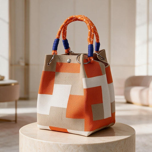 Geometric Tote Bag, Orange Beige Canvas Handbag, Woven Shoulder Bag, Color Block Purse, Rope Handle Bag, Everyday Summer Tote