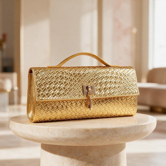 Gold Woven Clutch Bag, Metallic Evening Purse, Textured Handbag, Gold Formal Bag, Structured Top Handle Clutch