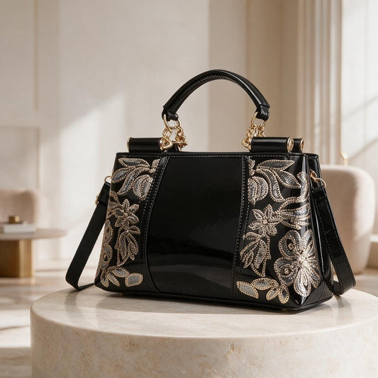 Black Floral Handbag, Embroidered Shoulder Bag, Women's Top Handle Purse, Elegant Crossbody Bag, Evening Purse