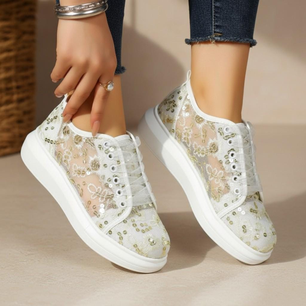 Floral Bridal Sneakers, White Wedding Shoes for Bride, Sequin Lace Sneakers, Elegant Wedding Trainers, Comfortable Reception Shoes