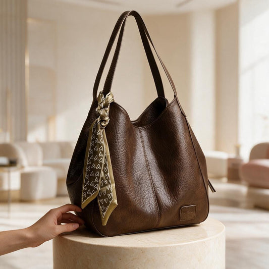 Brown Hobo Bag, Chocolate Shoulder Purse, Slouchy Handbag with Scarf, Casual Womens Bag, Boho Inspired Shoulder Bag