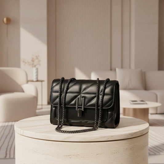Black Quilted Shoulder Bag, Chain Crossbody Purse, Flap Handbag, Structured Black Bag, Women's Everyday Purse