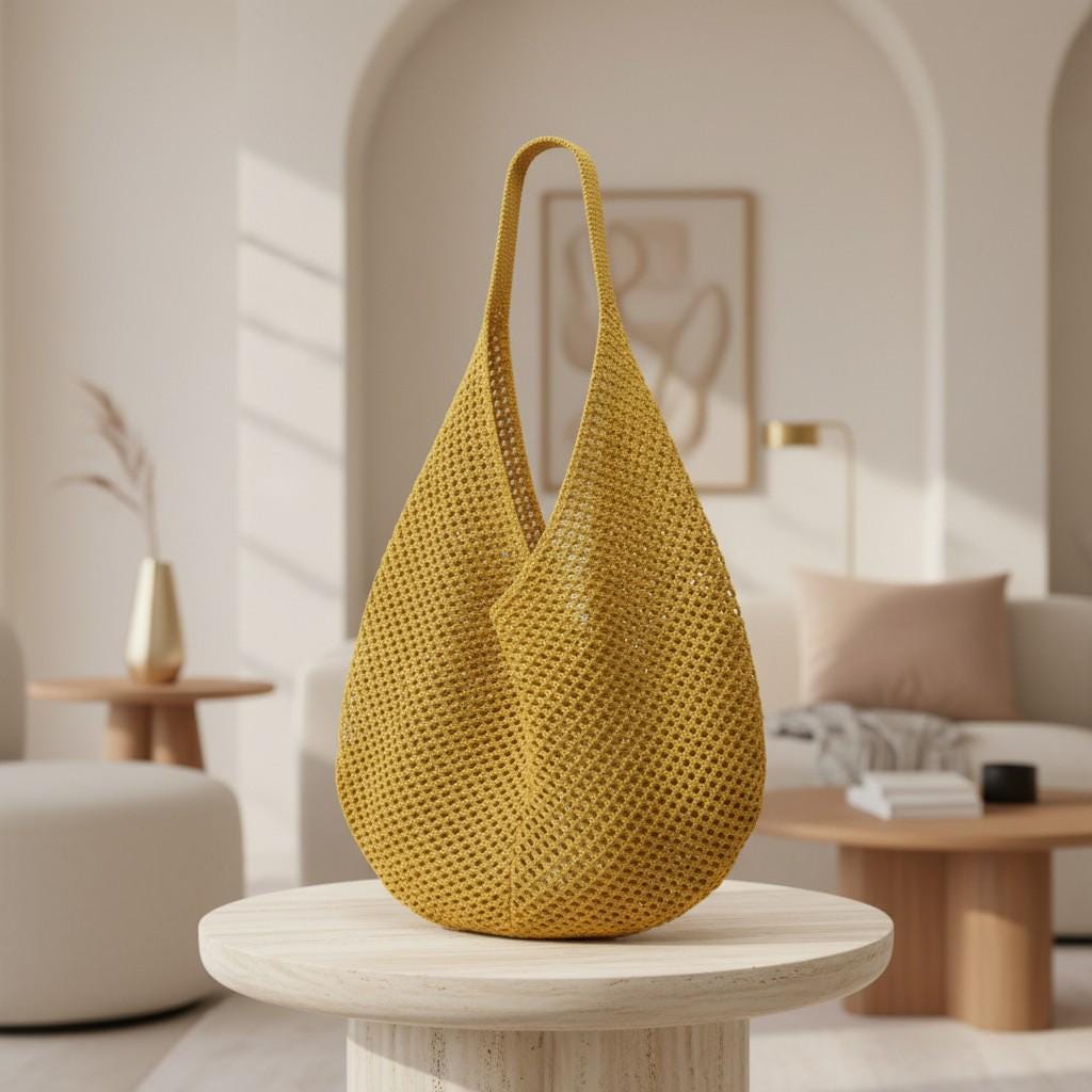 Mustard Yellow Crochet Hobo Bag, Slouchy Shoulder Purse, Boho Summer Handbag, Large Everyday Tote for Women