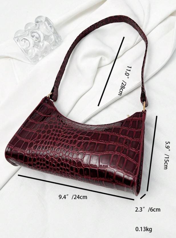 Burgundy Croc Embossed Shoulder Bag, Wine Red Baguette Purse, Y2K Handbag, Textured Crossbody Bag, Women's Trendy Bag