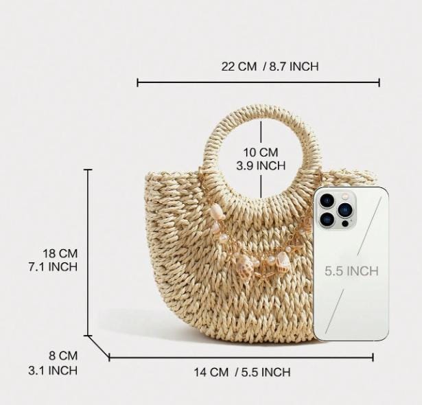 Woven Basket Bag, Natural Top Handle Purse, Boho Shell Charm Summer Handbag