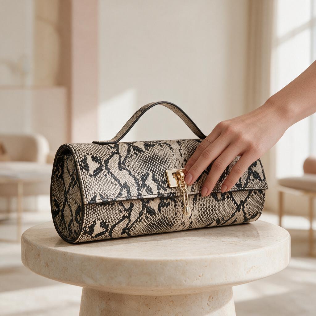 Snake Print Clutch Bag, Snakeskin Inspired Evening Purse, Beige Statement Handbag, Structured Top Handle Bag, Animal Print Clutch