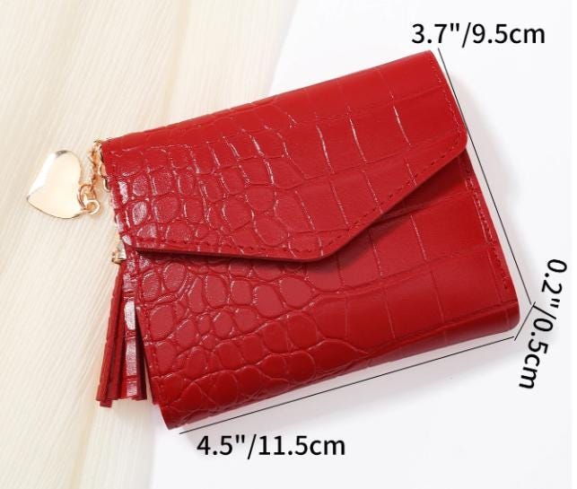 Red Croc Embossed Wallet, Womens Flap Wallet, Small Tassel Purse, Heart Charm