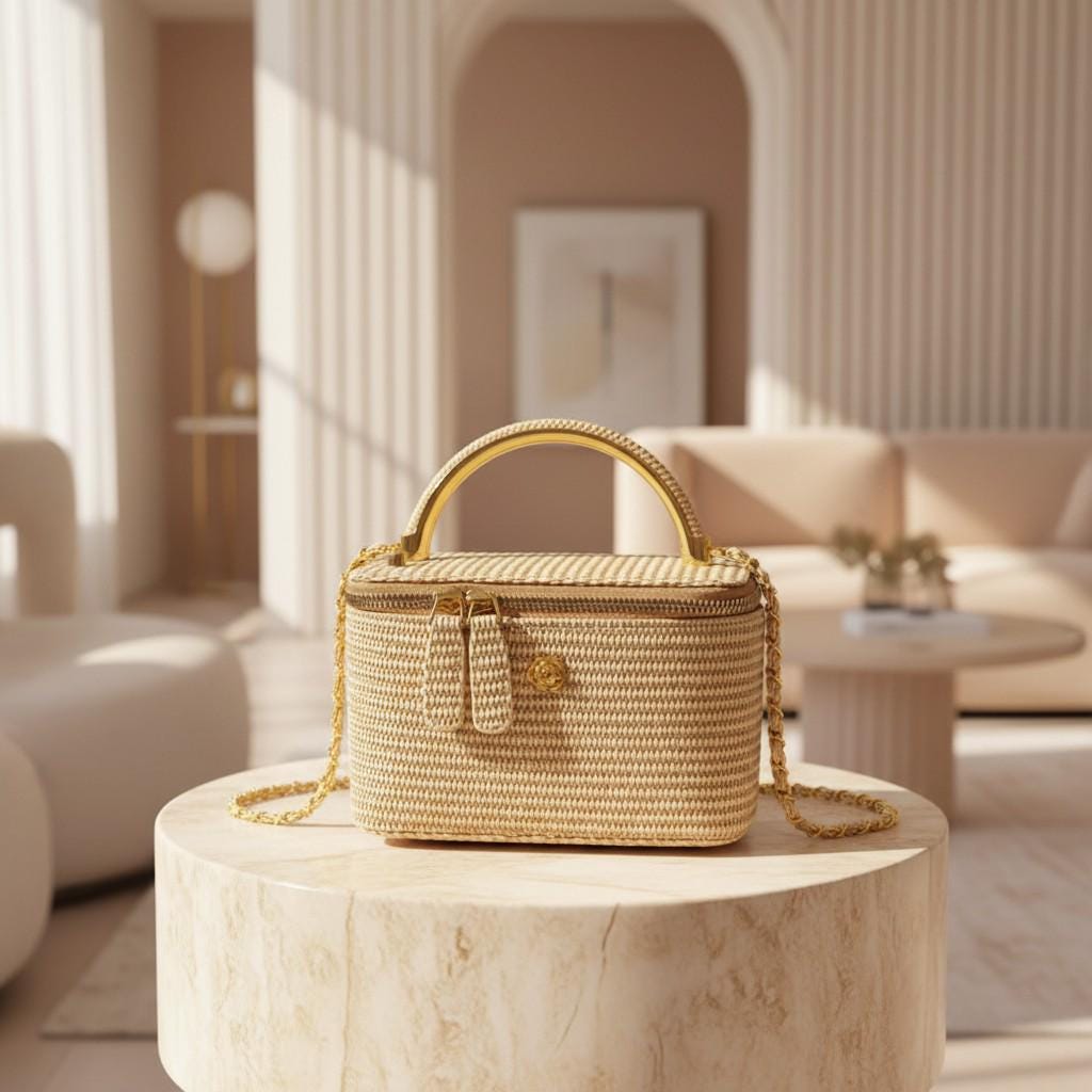 Woven Top Handle Bag, Beige Shoulder Purse, Structured Woven Handbag, Gold Chain Crossbody Bag, Mini Summer Bag