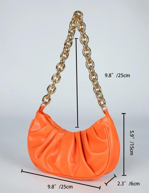 Orange Ruched Shoulder Bag, Crescent Purse for Women, Chain Strap Handbag, Small Evening Bag, Trendy Orange Purse