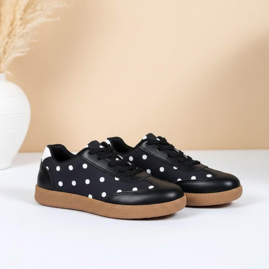 Black Polka Dot Sneakers for Women, Retro Lace Up Shoes, White Dot Casual Footwear