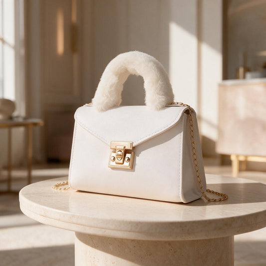 White Top Handle Bag, Faux Fur Handle Handbag, Ivory Purse, Structured Shoulder Bag, Chain Strap Bag, Elegant Handbag