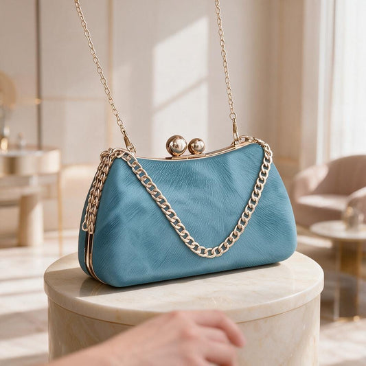 Blue Kiss Lock Clutch, Women's Evening Bag, Chain Strap Purse, Small Blue Shoulder Bag, Elegant Party Bag