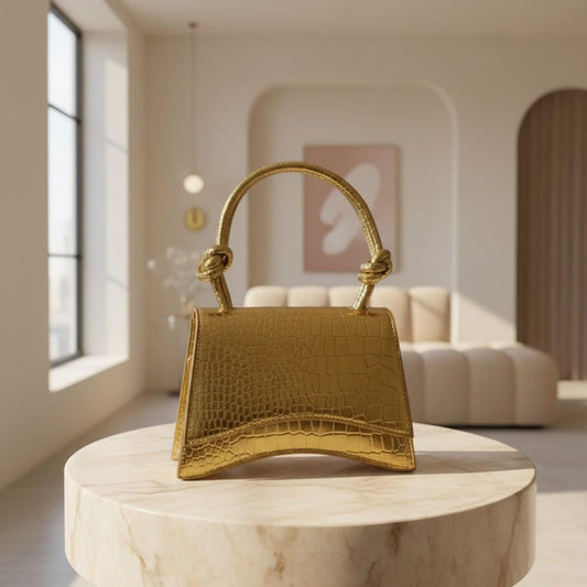 Gold Croc Embossed Top Handle Bag, Metallic Shoulder Purse, Structured Flap Handbag, Gold Crossbody Bag, Statement Purse