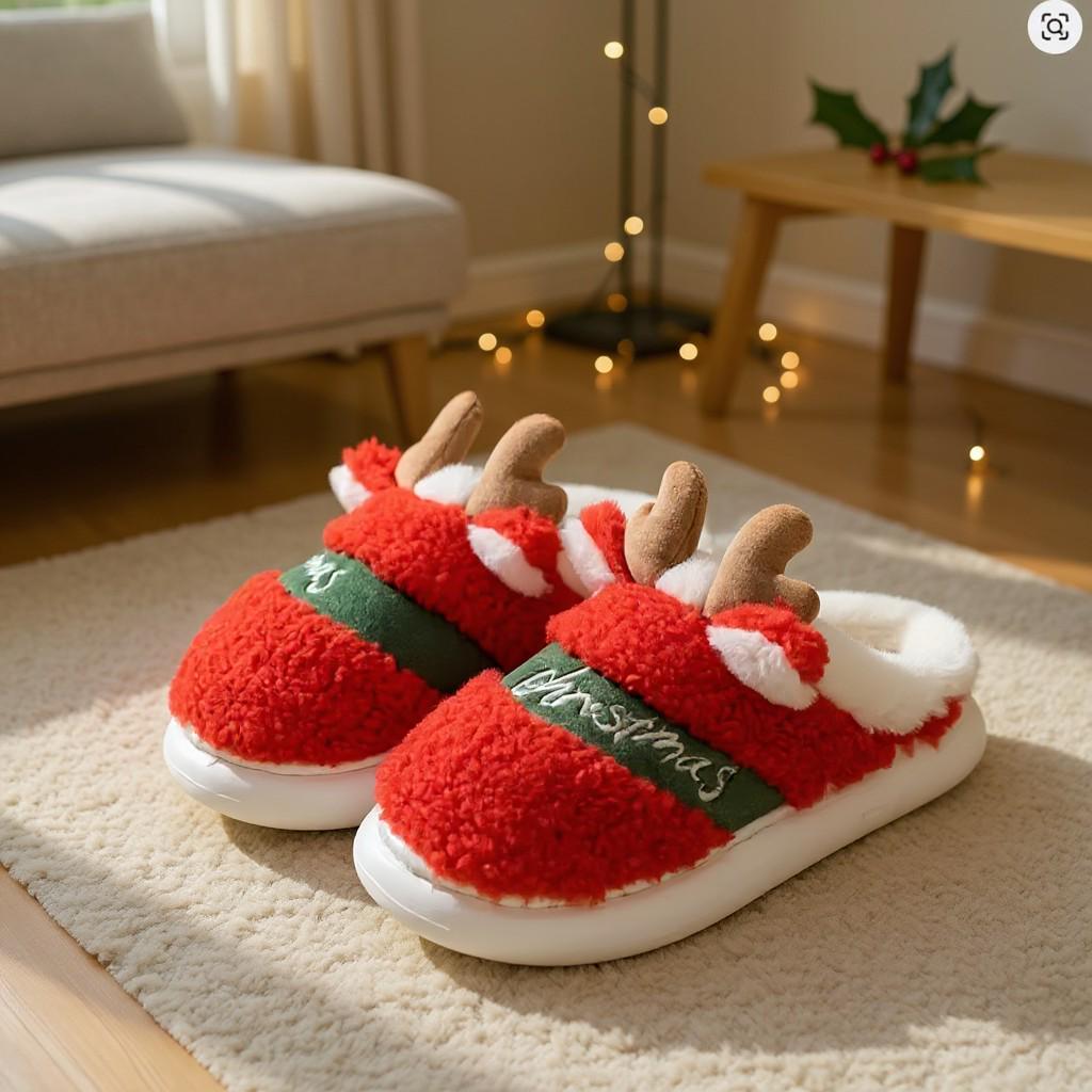 Reindeer Christmas Slippers, Fuzzy Holiday Slides, Plush Cozy House Shoes