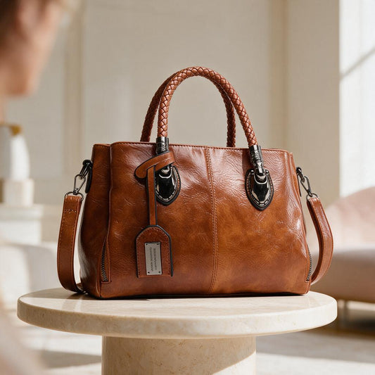 Brown Tote Bag, Women's Structured Handbag, Woven Handle Purse, Cognac Shoulder Bag, Large Everyday Bag