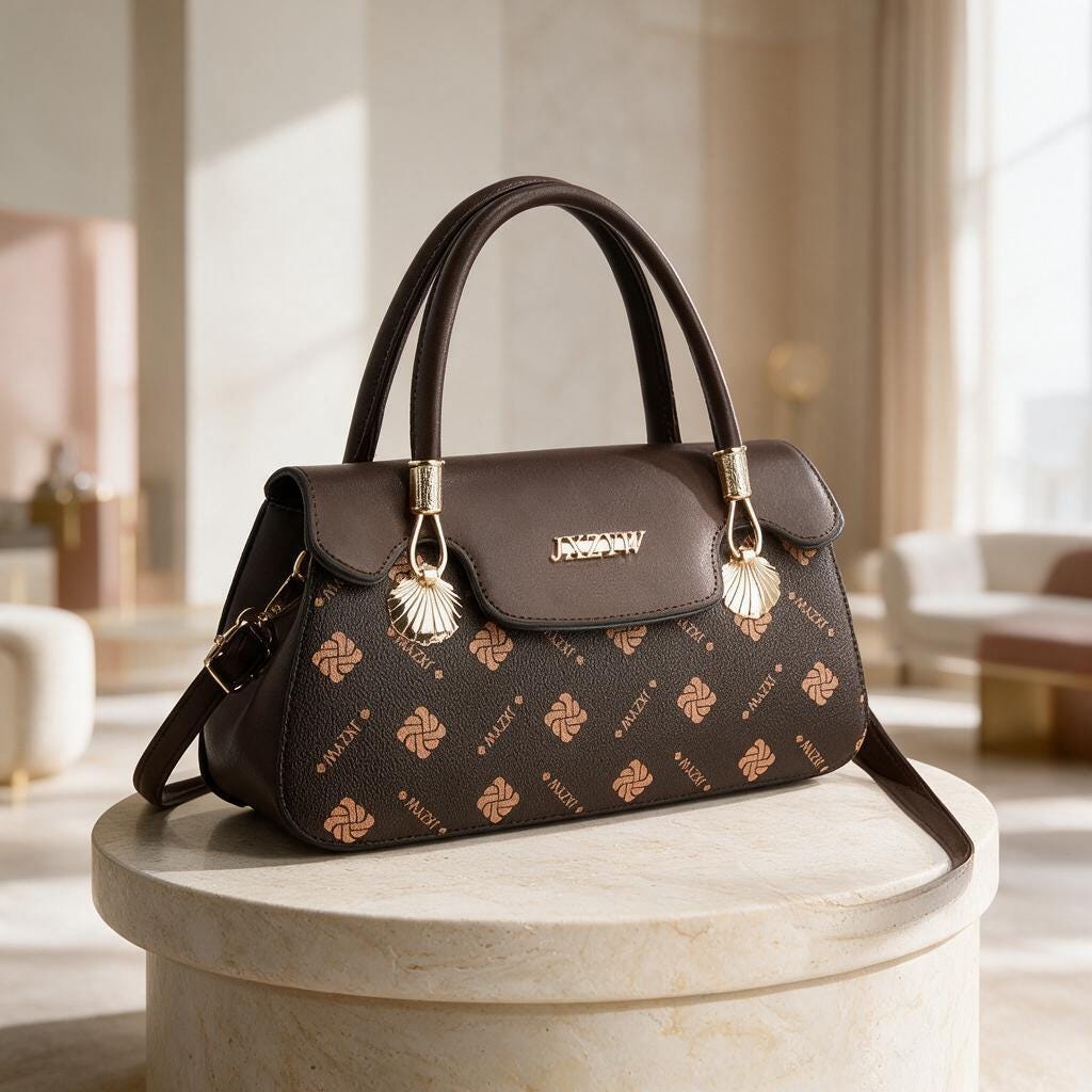 Brown Patterned Handbag, Structured Top Handle Purse, Monogram Style Shoulder Bag, Brown Crossbody Satchel, Women's Bag