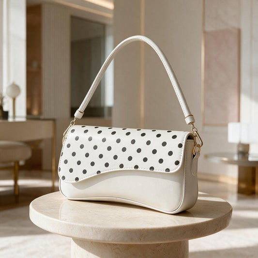 Polka Dot Shoulder Bag, White Crossbody Purse, Y2K Baguette Handbag, Retro Everyday Bag