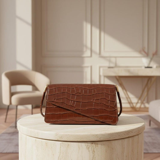 Brown Croc Print Handbag, Structured Flap Purse for Women, Long Handle Shoulder Bag