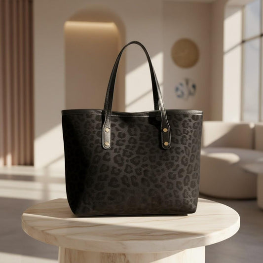 Leopard Print Tote Bag, Black Animal Print Handbag, Leopard Shoulder Bag, Large Everyday Tote, Matching Pouch, Women's Purse