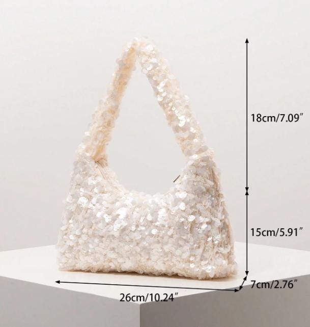 White Sequin Shoulder Bag, Sparkly Purse, Y2K Evening Bag, Bridal Party Handbag
