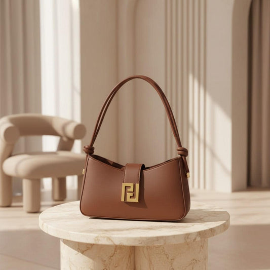 Chocolate Brown Baguette Shoulder Bag, Gold Clasp Handbag, Y2K Underarm Purse, Minimalist Everyday Bag